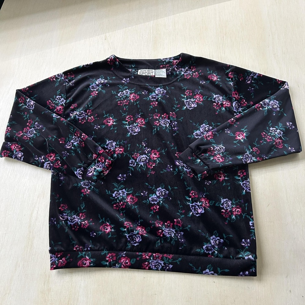 Vtg Jaclyn Smith Sport Sweatshirt Womens Medium Floral Velour Crewneck Pullover